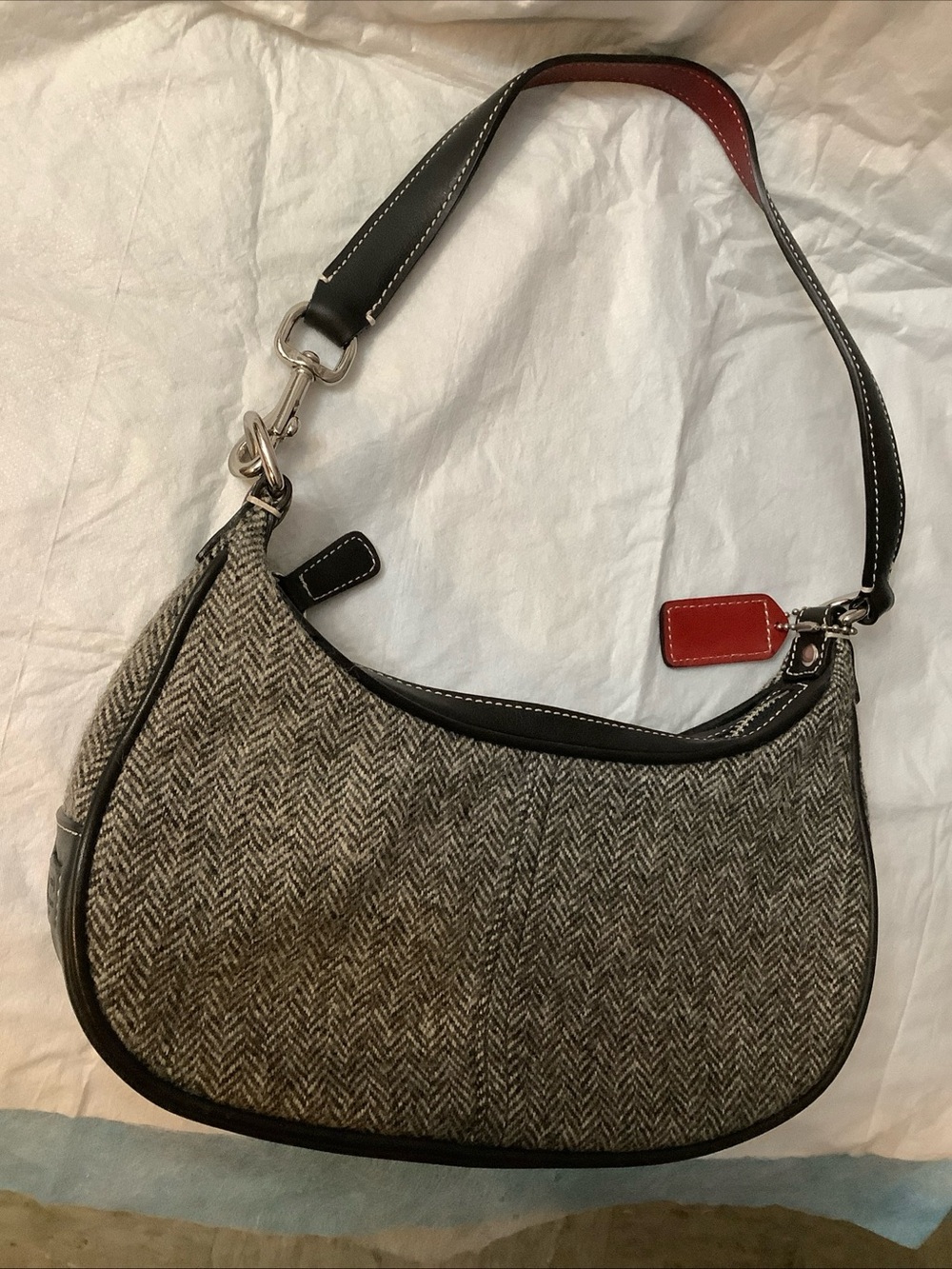 Coach 9398 Vintage Y2K Soho Baguette Herringbone Wool Leather Bag Gray/Black - Picture 7 of 16